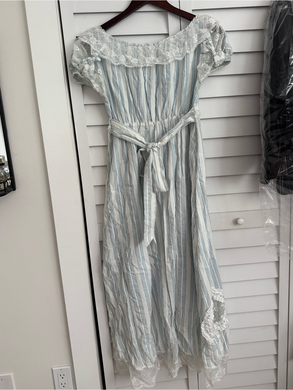 Bridgerton Inspired Blue and White Striped Lace Trim Dress - Picture 4 of 6